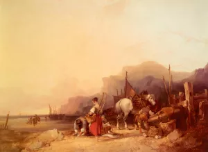 Unloading the Catch, near Benchurch, Isle of Wight Oil painting by William Joseph Shayer, Snr.