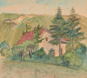 Dom wSrod drzew na tle wzgorza by Sofija Paraszczuk Oil Painting