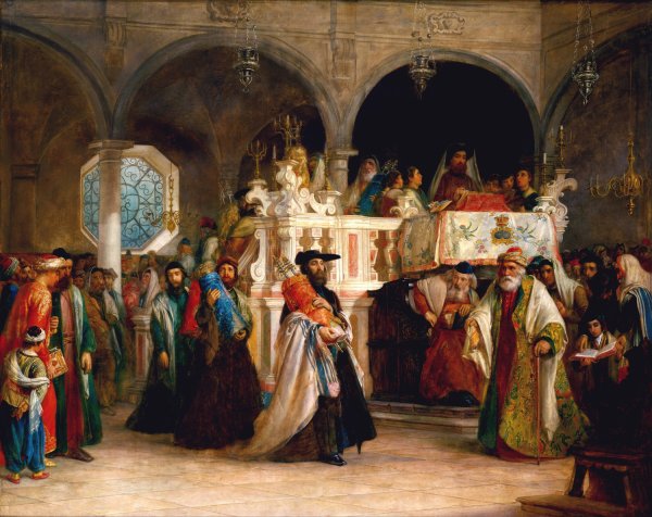 Main Product Photo of The Feast of the Rejoicing of the Law at the Synagogue in Leghorn, Italy  Painting by Solomon Alexander Hart