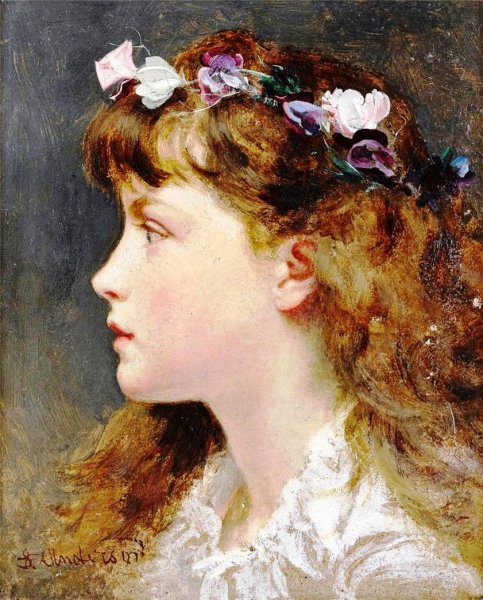 Main Product Photo of A Young Girl with a Garland of Flowers in Her Hair Painting by Sophie Anderson