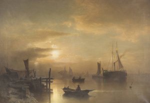 Night of a full moon over the harbour by Sophus Jacobsen Oil Painting