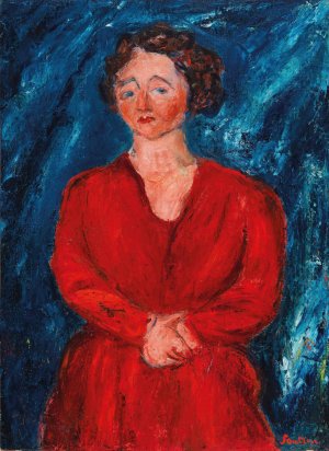 La Femme en rouge au fond bleu by Chaim Soutine Oil Painting