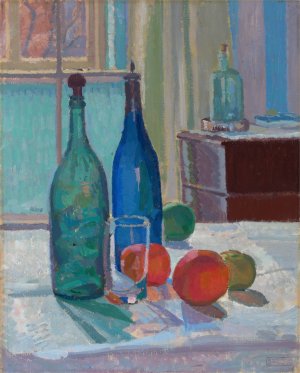 Blue and Green Bottles and Oranges by Spencer Frederick Gore Oil Painting