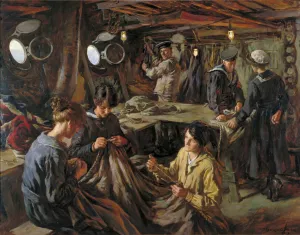 WRNS Ratings Sail-making; On Board 'HMS Essex'at Devonport, 1918 by Stanhope Alexander Forbes Oil Painting