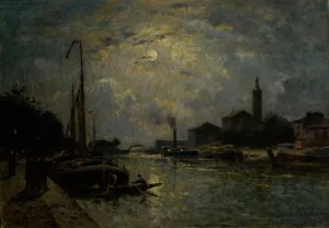 Bateaux sur le fleuve, clair de lune Oil painting by Stanislas Lepine
