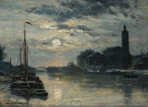 Le Canal De L'ourcq, L'eglise Saint-Christophe, Vue Du Quai De La Marne. Effet De Lune by Stanislas Lepine Oil Painting