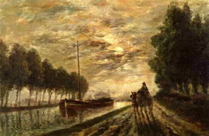 The Ourcq Canal, Towpath, Moonlight by Stanislas Lepine Oil Painting