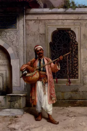 A Musician Playing Before A Mosque In Constantinople by Stanislaus Von Chlebowski - Oil Painting Reproduction