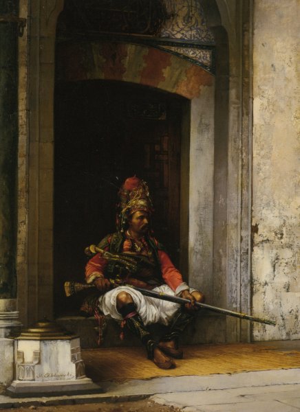 A Seated Bashi Bazouk by Stanislaus Von Chlebowski - Hand-Painted Oil Painting Reproduction