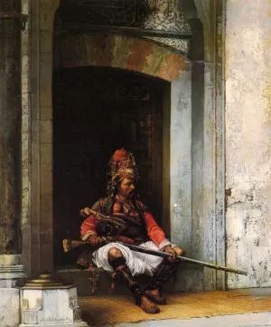 Seated Bashi-Bazouk with a Rifle by Stanislaus Von Chlebowski - Oil Painting Reproduction