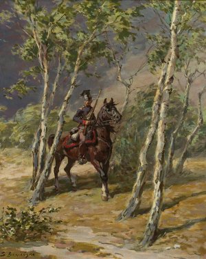 Uhlan on horseback by Stanislaw Bagienski Oil Painting