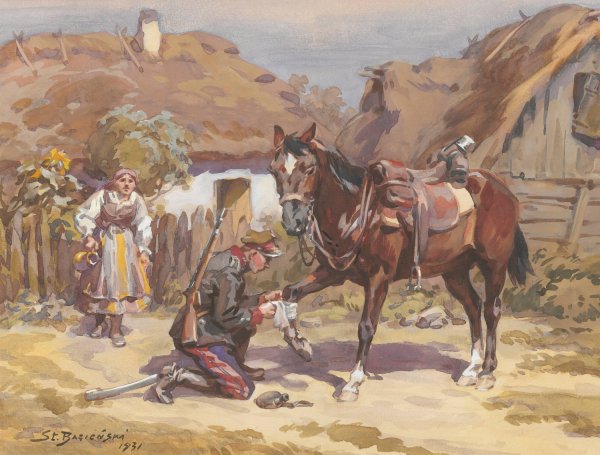 Ulan opatrujacy konia  by Stanislaw Bagienski - Hand-Painted Oil Painting Reproduction