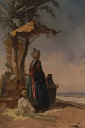 Eastern genre scene under a palm tree by Stanislaw Chlebowski Oil Painting
