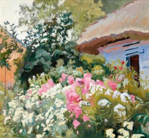 Flowers in Front of the Cottage by Stanislaw Kamocki Oil Painting