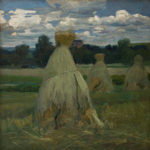 Ricks of Corn in a Landscape by Stanislaw Kamocki Oil Painting