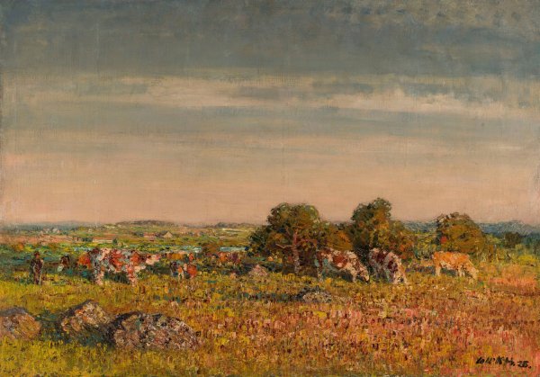 Landscape with cows  by Stanislaw Lolek - Hand-Painted Oil Painting Reproduction