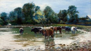 Cows wading in the river by Stanislaw Maslowski Oil Painting