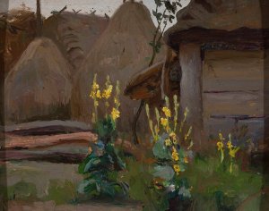 Landscape study - Mulleins in front of a cottage by Stanislaw Straszkiewicz Oil Painting