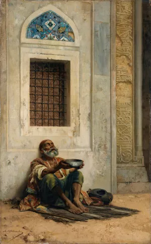 Mendicant At The Mosque Door by Stanislaw Von Chlebowski Oil Painting