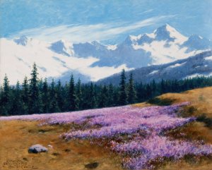 Crocuses with Snowy Mountains Behind Oil painting by Stanislaw Witkiewicz