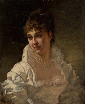 Portrait of a woman in a white dress with pearls by Stefan Bakalowicz Oil Painting