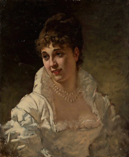Main Product Photo of Portrait of a woman in a white dress with pearls Painting by Stefan Bakalowicz