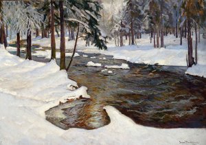 Forest stream in winter by Stefan Filipkiewicz Oil Painting