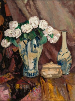 Still Life with White Roses in a Vase by Stefan Filipkiewicz Oil Painting