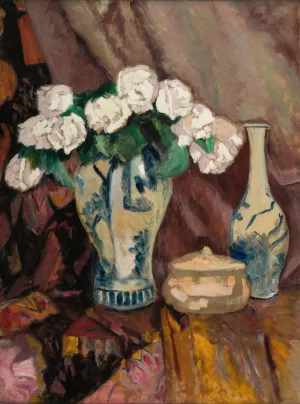 Still Life with White Roses in a Vase by Stefan Filipkiewicz Oil Painting