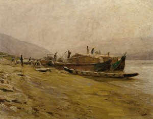 Donauschleppschiffe bei Spitz by Stefan Simony Oil Painting