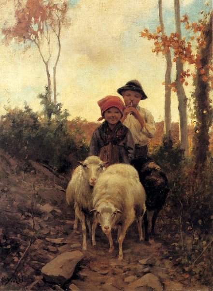 Main Product Photo of Children With Sheep On A Path Painting by Stefano Bruzzi