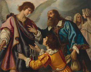 The angel Raphael refusing the gifts offered by Tobias by Studio Of Giovanni Biliverti Oil Painting