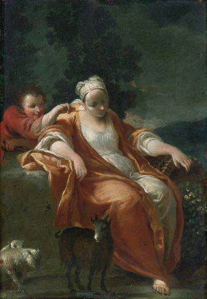 A Shepherdess Resting, With A Young Boy Tickling Her Ear by Studio Of Giuseppe Maria Crespi Oil Painting