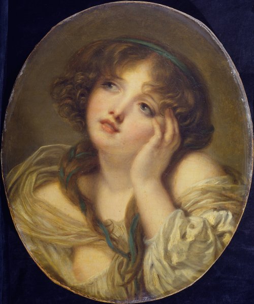 Young Woman leaning on her Hand  by Studio Of Jean-Baptiste Greuze - Hand-Painted Oil Painting Reproduction