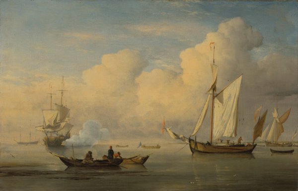 A galliot at anchor with two fishing boats close to the shore by Studio Of Willem Van De Velde Ii - Hand-Painted Oil Painting Reproduction