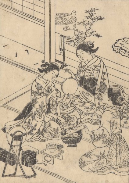 Main Product Photo of The Toilet—Three Women with Make-up Kit  Painting by Sukenobu Ishigawa
