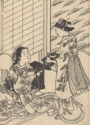 The Toilet, Woman with Mirror Attendant Bringing Tray Oil painting by Sukenobu Ishigawa