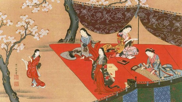 Main Product Photo of Beauties Admiring the Blossoms Painting by Sukenobu