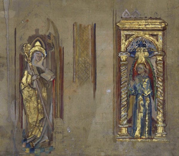 Heiliger mit Bischofsstab und Buch; Engel jeweils in einer Nische  by Susanne Renate Granitsch - Hand-Painted Oil Painting Reproduction