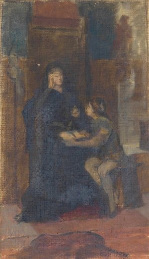 Olskizze einer in einem Innenraum sitzenden Frau in langem Gewand, vor ihr ein sitzender Page mit aufgeschlagenem Buch by Susanne Renate Granitsch Oil Painting