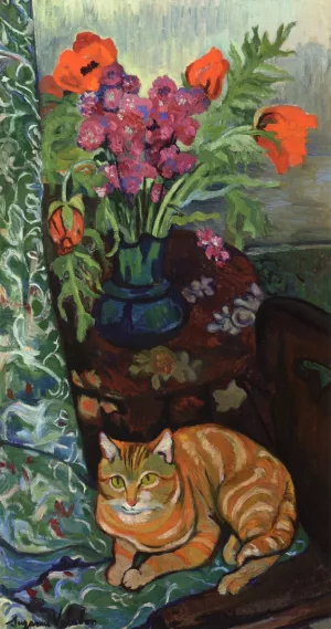 Cat Lying in front of a Bouquet of Flowers Oil painting by Suzanne Valadon