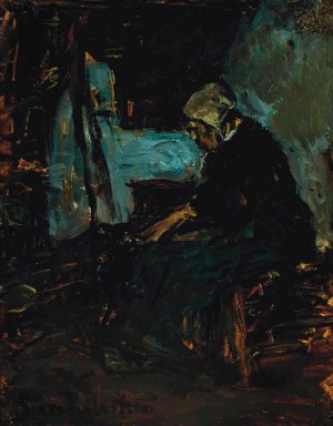 Stoking the fire by Suze Bisschop-Robertson Oil Painting