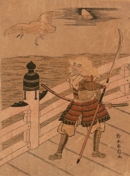 Benkei and Heron on Bridge  by Suzuki Harunobu - Hand-Painted Oil Painting Reproduction