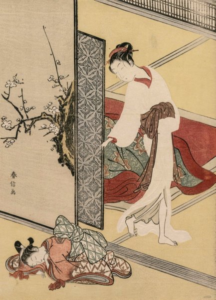 Courtesan and Sleeping Attendant  by Suzuki Harunobu - Hand-Painted Oil Painting Reproduction