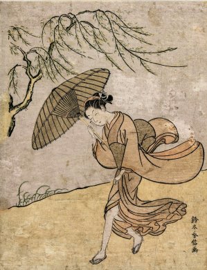 Woman Running Past a Willow Tree in a Breeze by Suzuki Harunobu Oil Painting