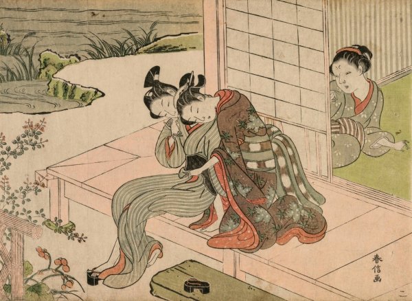 Woman Watching Young Couple Embrace on a Veranda  by Suzuki Harunobu - Hand-Painted Oil Painting Reproduction