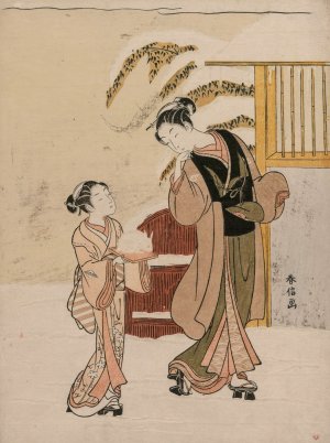 Young Woman Admiring a Snow Rabbit by Suzuki Harunobu Oil Painting