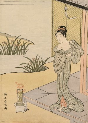Young Woman Looking at a Pot of Pinks by Suzuki Harunobu Oil Painting