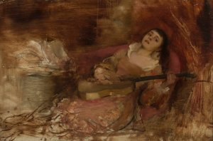 Woman with a guitar by Szymon Buchbinder Oil Painting