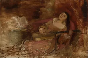 Woman with a guitar by Szymon Buchbinder Oil Painting